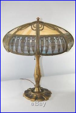 Antique Panel Bent Slag Caramel Glass Table Lamp Mosaic Shade Co. Chicago