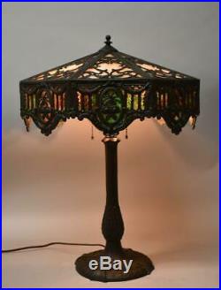 Antique Panel Slag Glass Table Lamp Roses & Bows Details 17Shade
