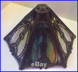 Antique Pat'd 1908 Slag Glass Panel Table Lamp Shade Filigree Overlay