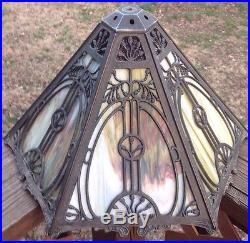Antique Pat'd 1908 Slag Glass Panel Table Lamp Shade Filigree Overlay