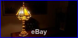 Antique Pierced Metal Slag Glass 4 Arm Candelabra French Table Lamp. 30'' Tall
