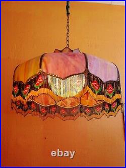 Antique Pink Leaded Slag Glass 10 Panel Lamp Shade Decorative Beaded Fringe