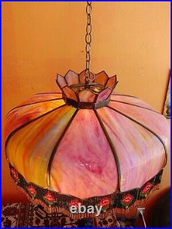 Antique Pink Leaded Slag Glass 10 Panel Lamp Shade Decorative Beaded Fringe