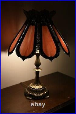 Antique Pink Slag Glass Lamp Art Nouveau Table Lamp 8 Panels