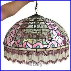 Antique Pink Tiffany Deco Leaded Slag Glass Hanging Lamp Shade Beaded Fringe