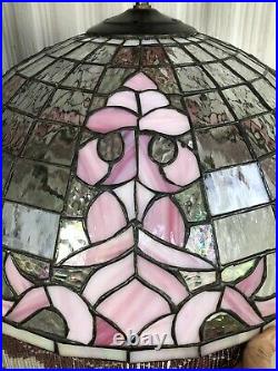 Antique Pink Tiffany Deco Leaded Slag Glass Hanging Lamp Shade Beaded Fringe