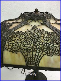 Antique Pittsburgh Flower Basket Filigree & Curved Caramel Slag Glass Lamp Nice