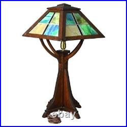 Antique Prairie School Arts and Crafts Oak Framed Slag Glass Table Lamp C1920 Antique Prairie School Arts and Crafts Oak Framed Slag Glass Table Lamp C1920