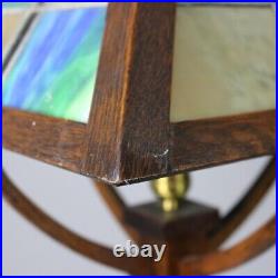 Antique Prairie School Arts and Crafts Oak Framed Slag Glass Table Lamp C1920 Antique Prairie School Arts and Crafts Oak Framed Slag Glass Table Lamp C1920
