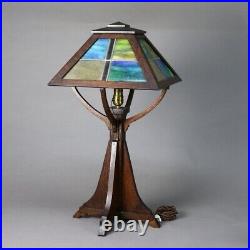 Antique Prairie School Arts and Crafts Oak Framed Slag Glass Table Lamp C1920 Antique Prairie School Arts and Crafts Oak Framed Slag Glass Table Lamp C1920