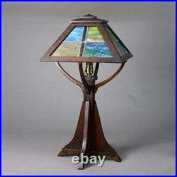 Antique Prairie School Arts and Crafts Oak Framed Slag Glass Table Lamp C1920 Antique Prairie School Arts and Crafts Oak Framed Slag Glass Table Lamp C1920