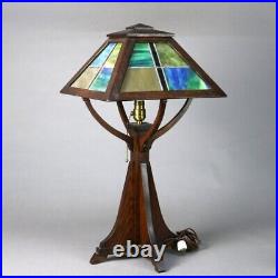 Antique Prairie School Arts and Crafts Oak Framed Slag Glass Table Lamp C1920 Antique Prairie School Arts and Crafts Oak Framed Slag Glass Table Lamp C1920