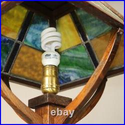 Antique Prairie School Arts and Crafts Oak Framed Slag Glass Table Lamp C1920 Antique Prairie School Arts and Crafts Oak Framed Slag Glass Table Lamp C1920