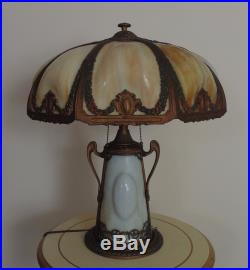 Antique Puffy Bent Slag Glass Table Lamp Victorian Art Nouveau