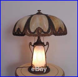 Antique Puffy Bent Slag Glass Table Lamp Victorian Art Nouveau