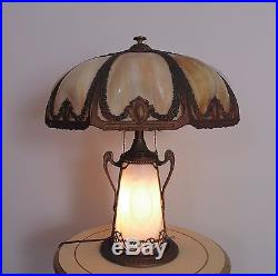 Antique Puffy Bent Slag Glass Table Lamp Victorian Art Nouveau