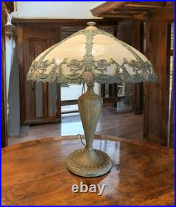 Antique RAINAUD 8 Panel Slag Glass Table Lamp 23 Pull Chain RARE