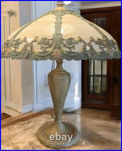 Antique RAINAUD 8 Panel Slag Glass Table Lamp 23 Pull Chain RARE