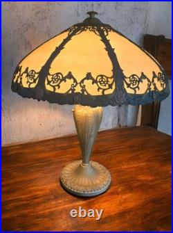 Antique RAINAUD 8 Panel Slag Glass Table Lamp 23 Pull Chain RARE