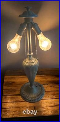 Antique RAINAUD 8 Panel Slag Glass Table Lamp 23 Pull Chain RARE