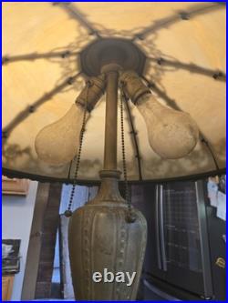 Antique RAINAUD 8 Panel Slag Glass Table Lamp 23 Pull Chain RARE