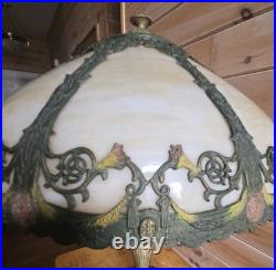 Antique RAINAUD 8 Panel Slag Glass Table Lamp 23 Pull Chain RARE
