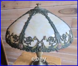 Antique RAINAUD 8 Panel Slag Glass Table Lamp 23 Pull Chain RARE