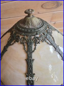 Antique RAINAUD 8 Panel Slag Glass Table Lamp 23 Pull Chain RARE