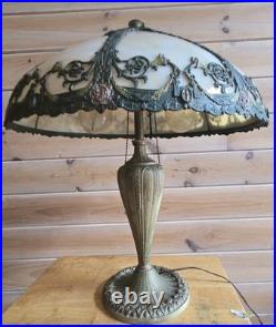 Antique RAINAUD 8 Panel Slag Glass Table Lamp 23 Pull Chain RARE