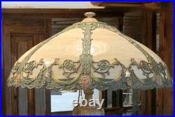 Antique RAINAUD 8 Panel Slag Glass Table Lamp 23 Pull Chain RARE