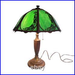 Antique Rainaud Green Slag Glass 8 Panel Table Lamp With Floral Design 22