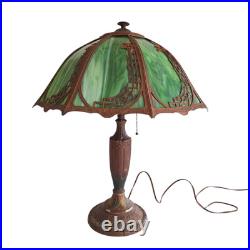 Antique Rainaud Green Slag Glass 8 Panel Table Lamp With Floral Design 22