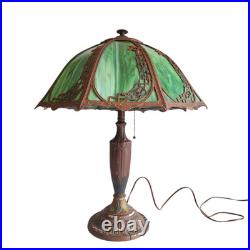 Antique Rainaud Green Slag Glass 8 Panel Table Lamp With Floral Design 22