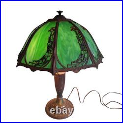 Antique Rainaud Green Slag Glass 8 Panel Table Lamp With Floral Design 22