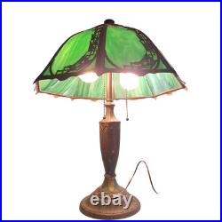 Antique Rainaud Green Slag Glass 8 Panel Table Lamp With Floral Design 22