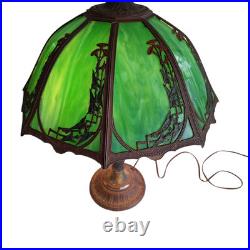 Antique Rainaud Green Slag Glass 8 Panel Table Lamp With Floral Design 22