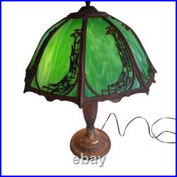 Antique Rainaud Green Slag Glass 8 Panel Table Lamp With Floral Design 22