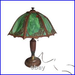 Antique Rainaud Green Slag Glass 8 Panel Table Lamp With Floral Design 22