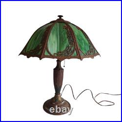 Antique Rainaud Green Slag Glass 8 Panel Table Lamp With Floral Design 22