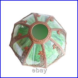 Antique Rainaud Green Slag Glass 8 Panel Table Lamp With Floral Design 22