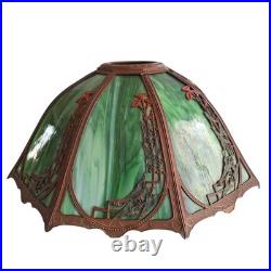 Antique Rainaud Green Slag Glass 8 Panel Table Lamp With Floral Design 22