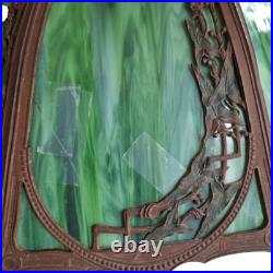 Antique Rainaud Green Slag Glass 8 Panel Table Lamp With Floral Design 22