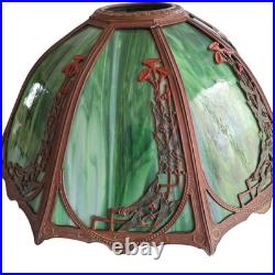 Antique Rainaud Green Slag Glass 8 Panel Table Lamp With Floral Design 22