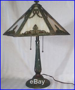 Antique Rainaud Polychrome Table Lamp With 6 Panel Caramel Slag Glass Shade