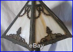 Antique Rainaud Polychrome Table Lamp With 6 Panel Caramel Slag Glass Shade