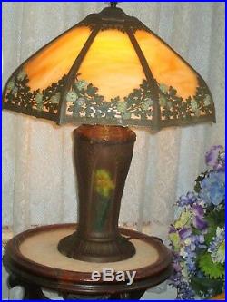 Antique Rainaud Slag Glass 8 Panel Electric Table Lamp