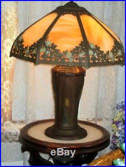 Antique Rainaud Slag Glass 8 Panel Electric Table Lamp