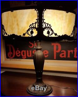 Antique Rainaud Slag Glass Lamp Signed Art Nouveau Ornate Cast Metal Crafts