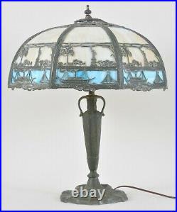 Antique Rare SLAG GLASS TABLE LAMP STATUE OF LIBERTY ELLIS ISLAND STEAM SHIPS