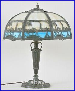 Antique Rare SLAG GLASS TABLE LAMP STATUE OF LIBERTY ELLIS ISLAND STEAM SHIPS